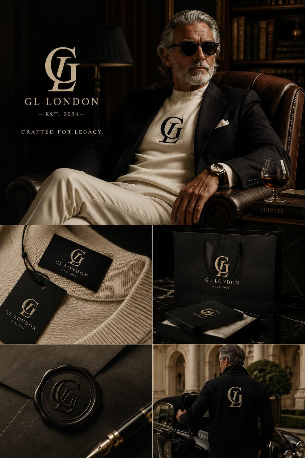 A luxury lifestyle collage for GL London, featuring a man in a dark leather armchair wearing a cream knit sweater and trousers with a black blazer. The collage includes close-ups of a cream knit sweater with a black and gold chest logo, a black branded shopping bag, a black hangtag, a black wax seal stamp, and the man from behind wearing a black jacket with a large cream and black chest logo.